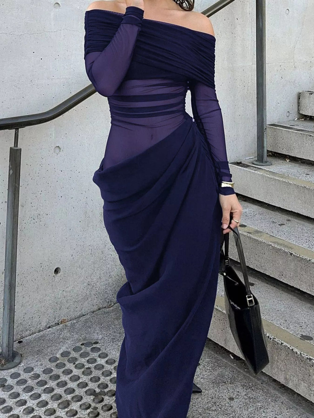 Off-Shoulder Long Sleeve Ruched Bodycon Maxi Dress.