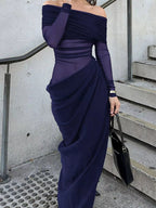 Off-Shoulder Long Sleeve Ruched Bodycon Maxi Dress.