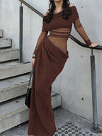 Off-Shoulder Long Sleeve Ruched Bodycon Maxi Dress.