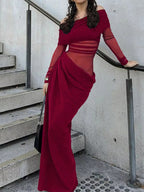 Off-Shoulder Long Sleeve Ruched Bodycon Maxi Dress.