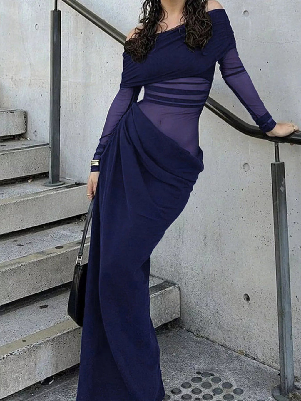 Off-Shoulder Long Sleeve Ruched Bodycon Maxi Dress.