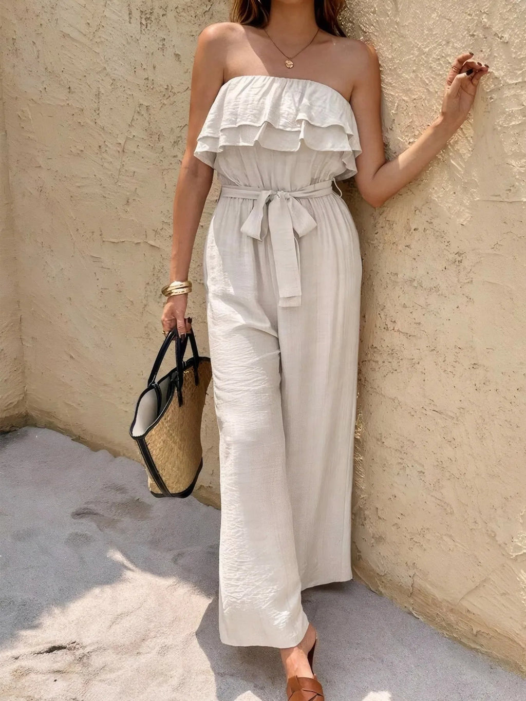 Off-Shoulder Ruffled Wide Leg Jumpsuit.