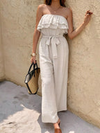 Off-Shoulder Ruffled Wide Leg Jumpsuit.