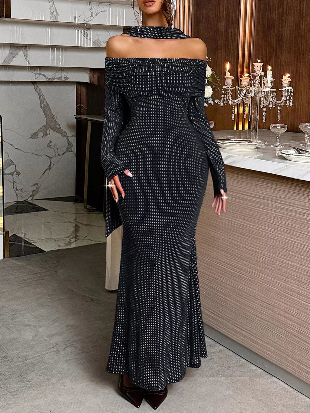 Off-Shoulder Scarf Bodycon Maxi Dress.