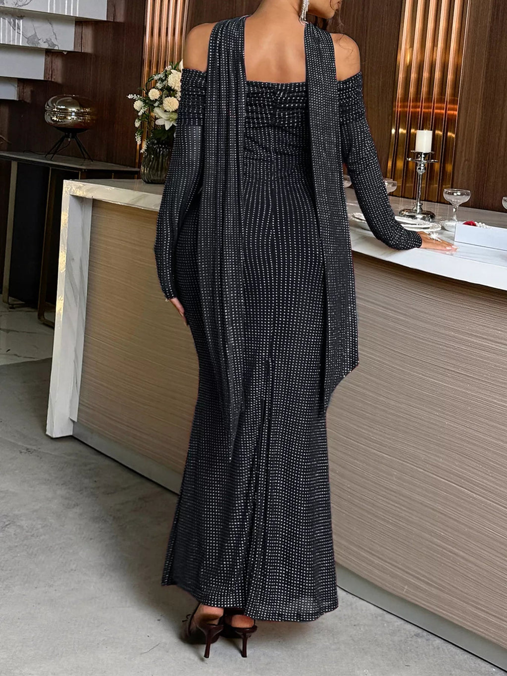 Off-Shoulder Scarf Bodycon Maxi Dress.