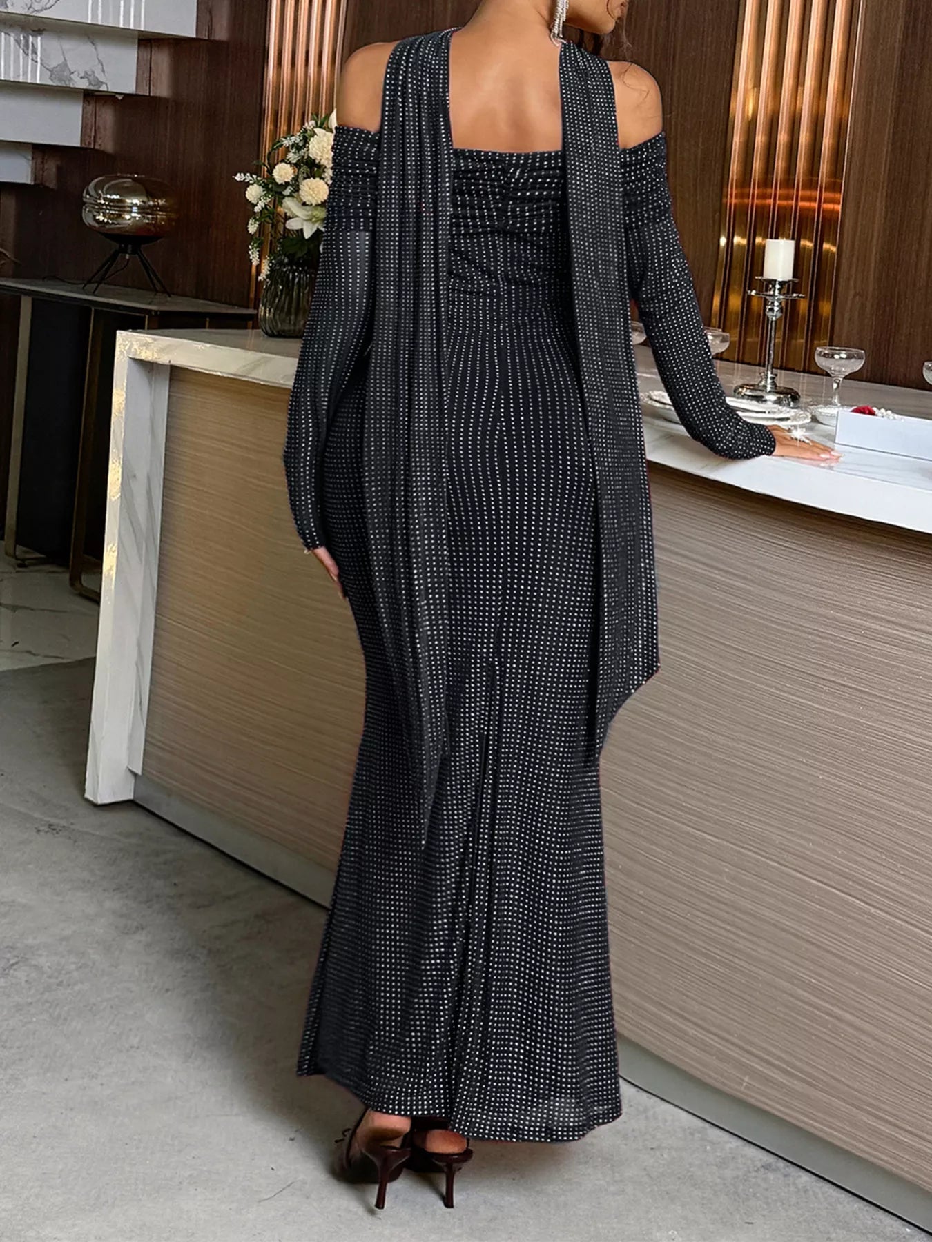 Off-Shoulder Scarf Bodycon Maxi Dress.