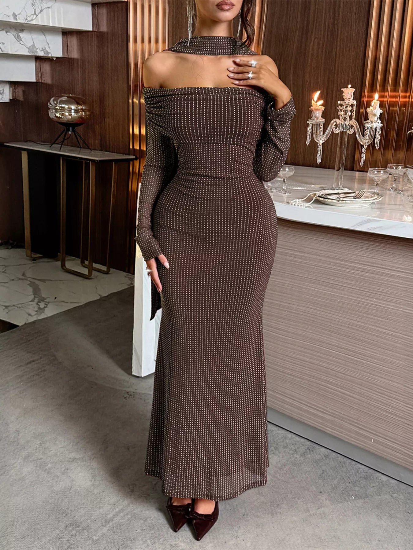 Off-Shoulder Scarf Bodycon Maxi Dress.
