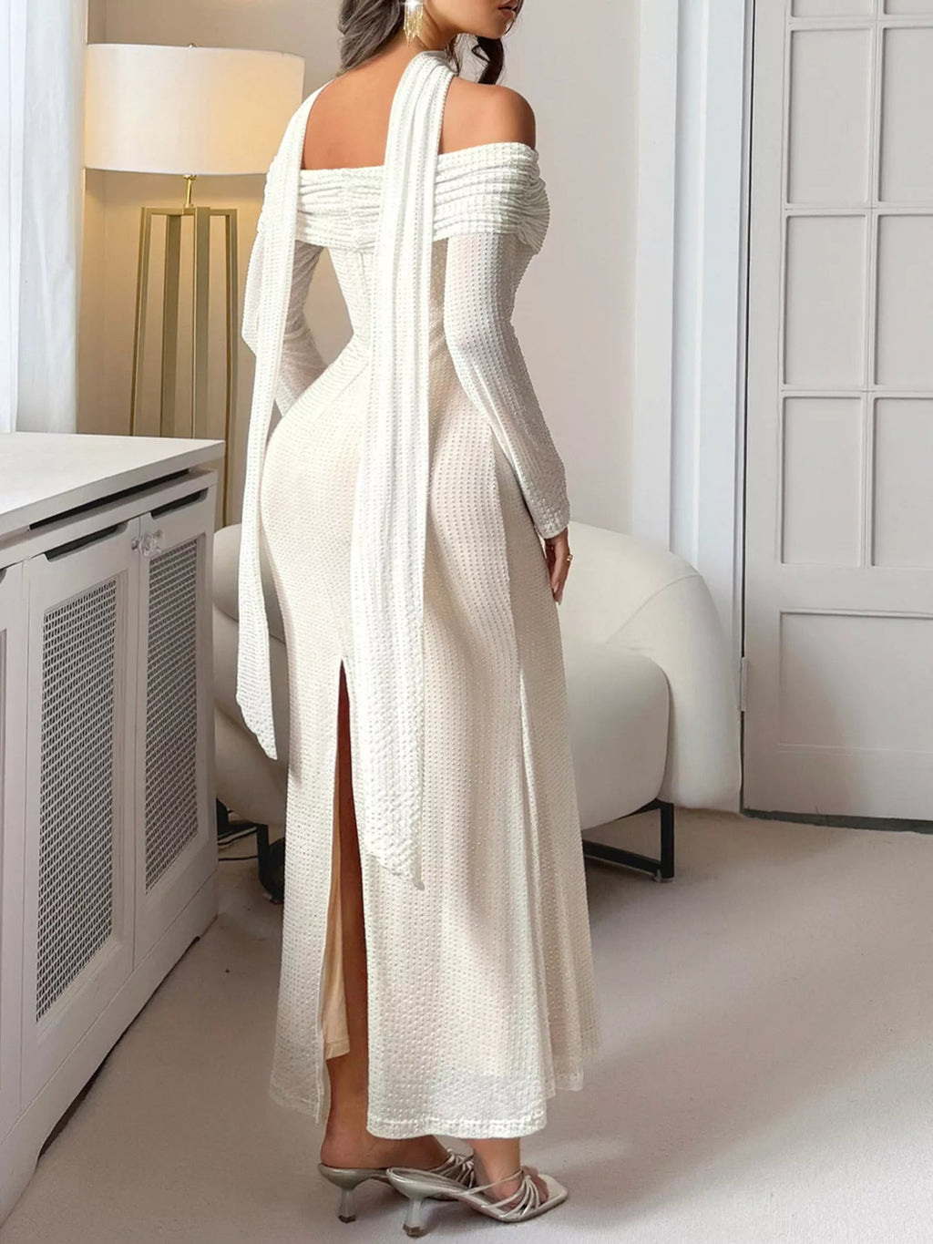 Off-Shoulder Scarf Bodycon Maxi Dress.