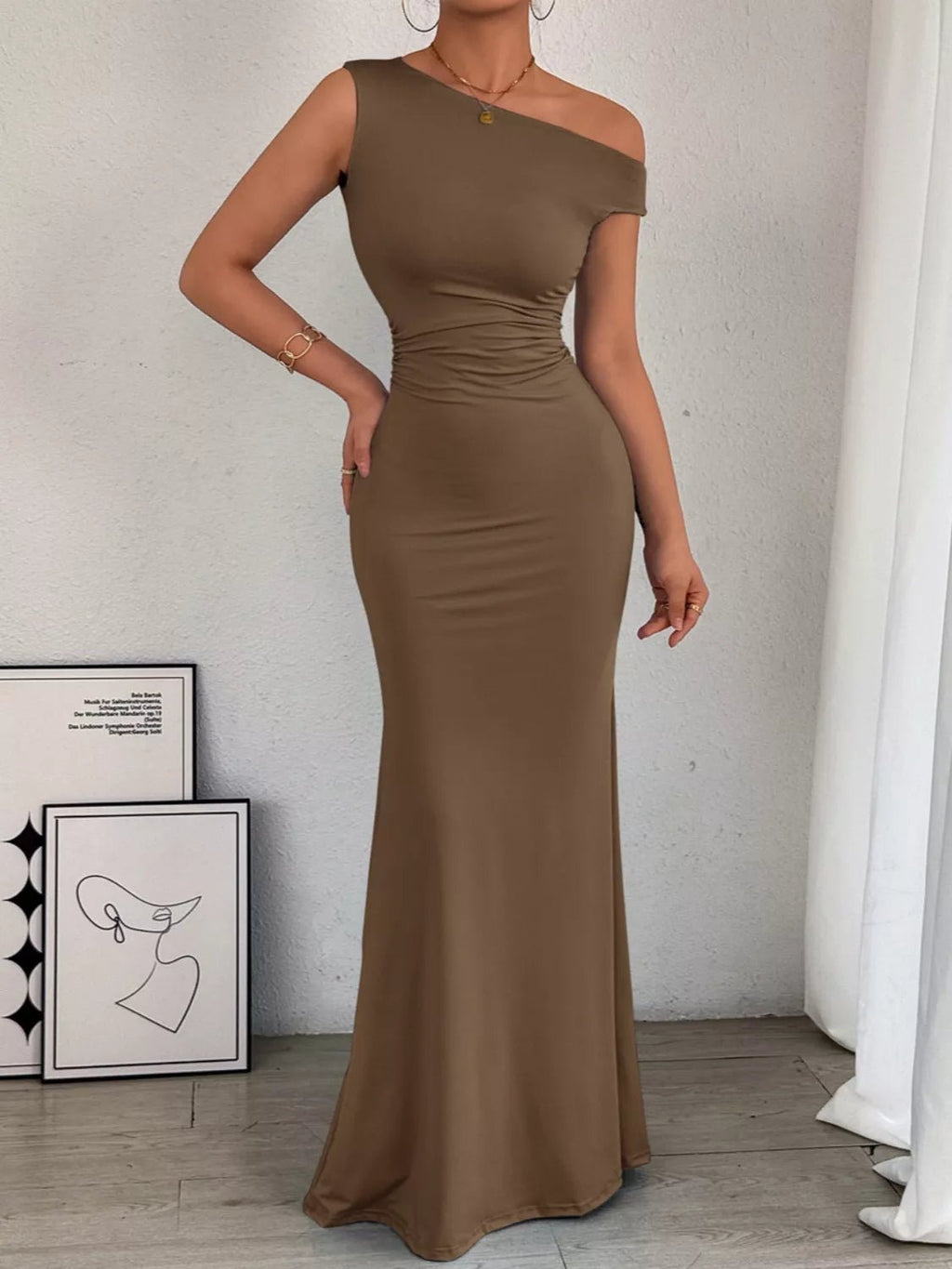 One - Shoulder Ruched Bodycon Maxi Dress