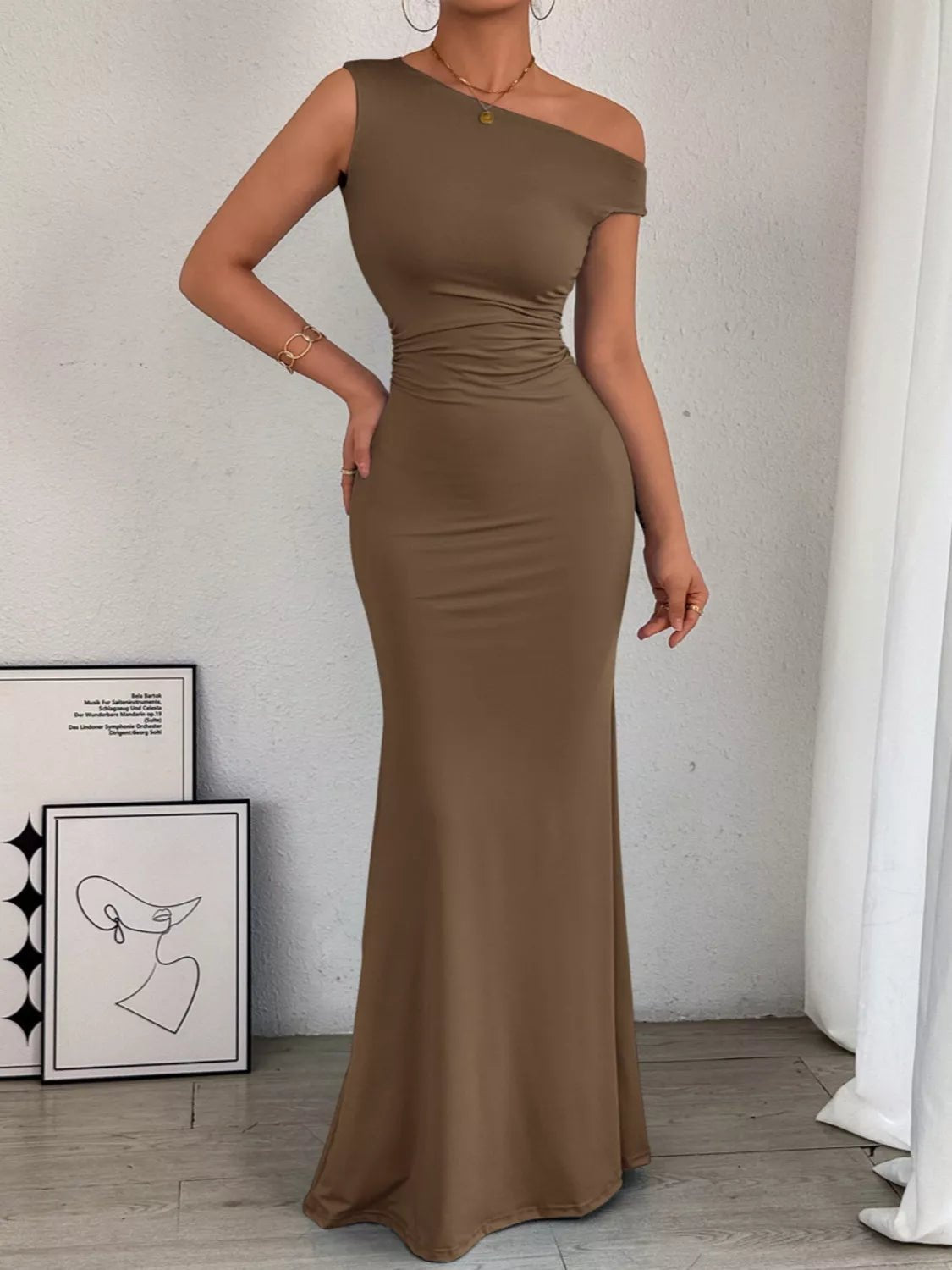 One - Shoulder Ruched Bodycon Maxi Dress