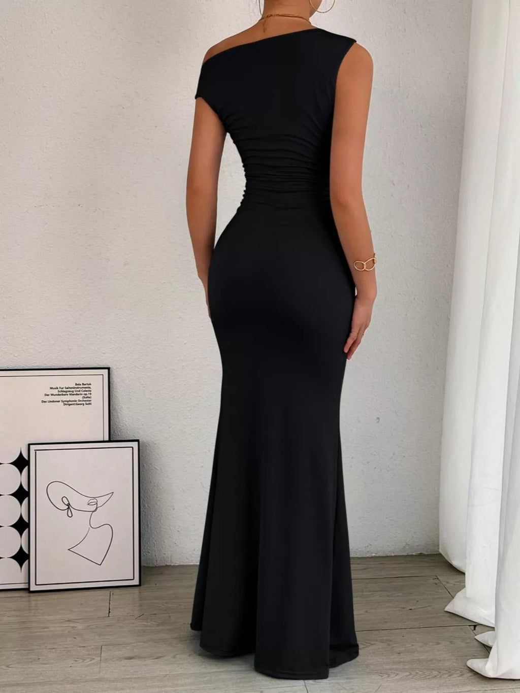 One-Shoulder Ruched Bodycon Maxi Dress.