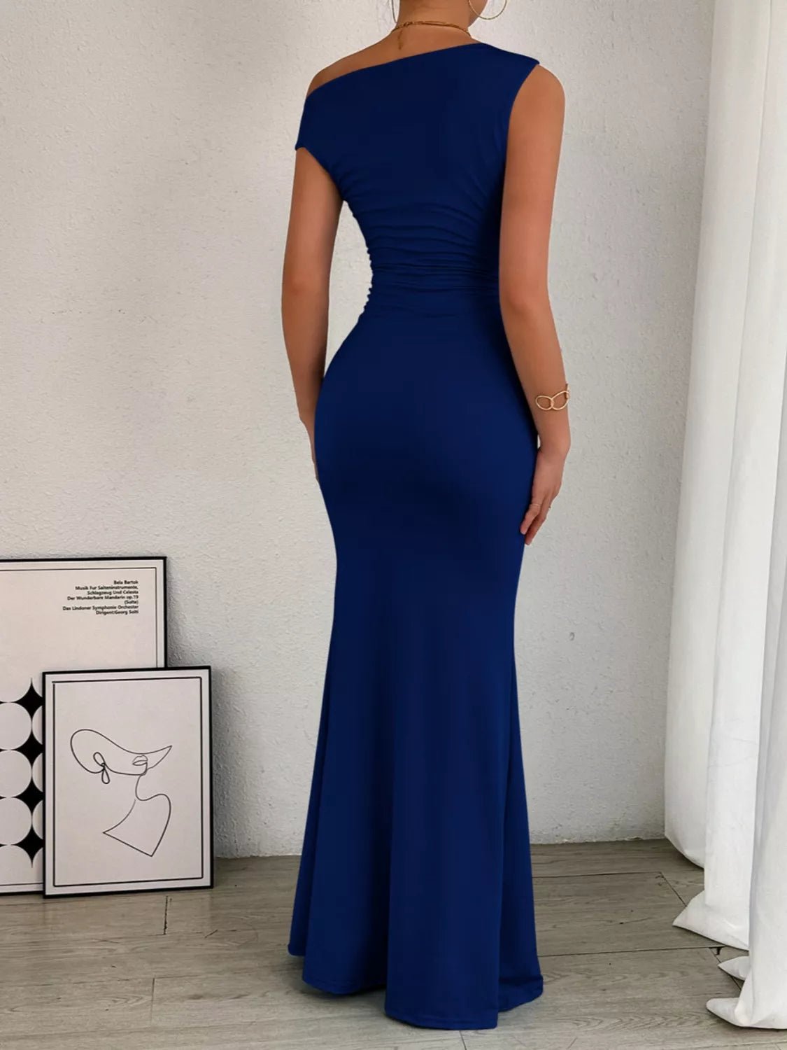 One-Shoulder Ruched Bodycon Maxi Dress.