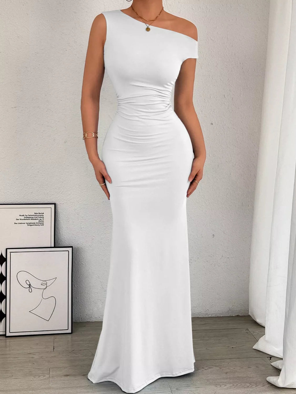 One-Shoulder Ruched Bodycon Maxi Dress.