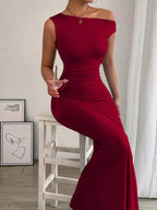 One-Shoulder Ruched Bodycon Maxi Dress.