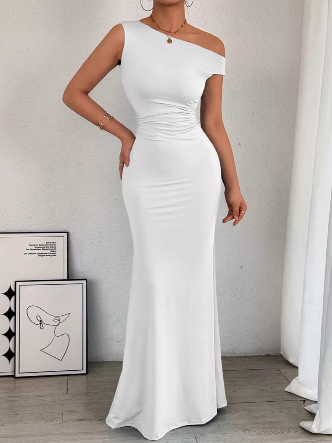 One-Shoulder Ruched Bodycon Maxi Dress.