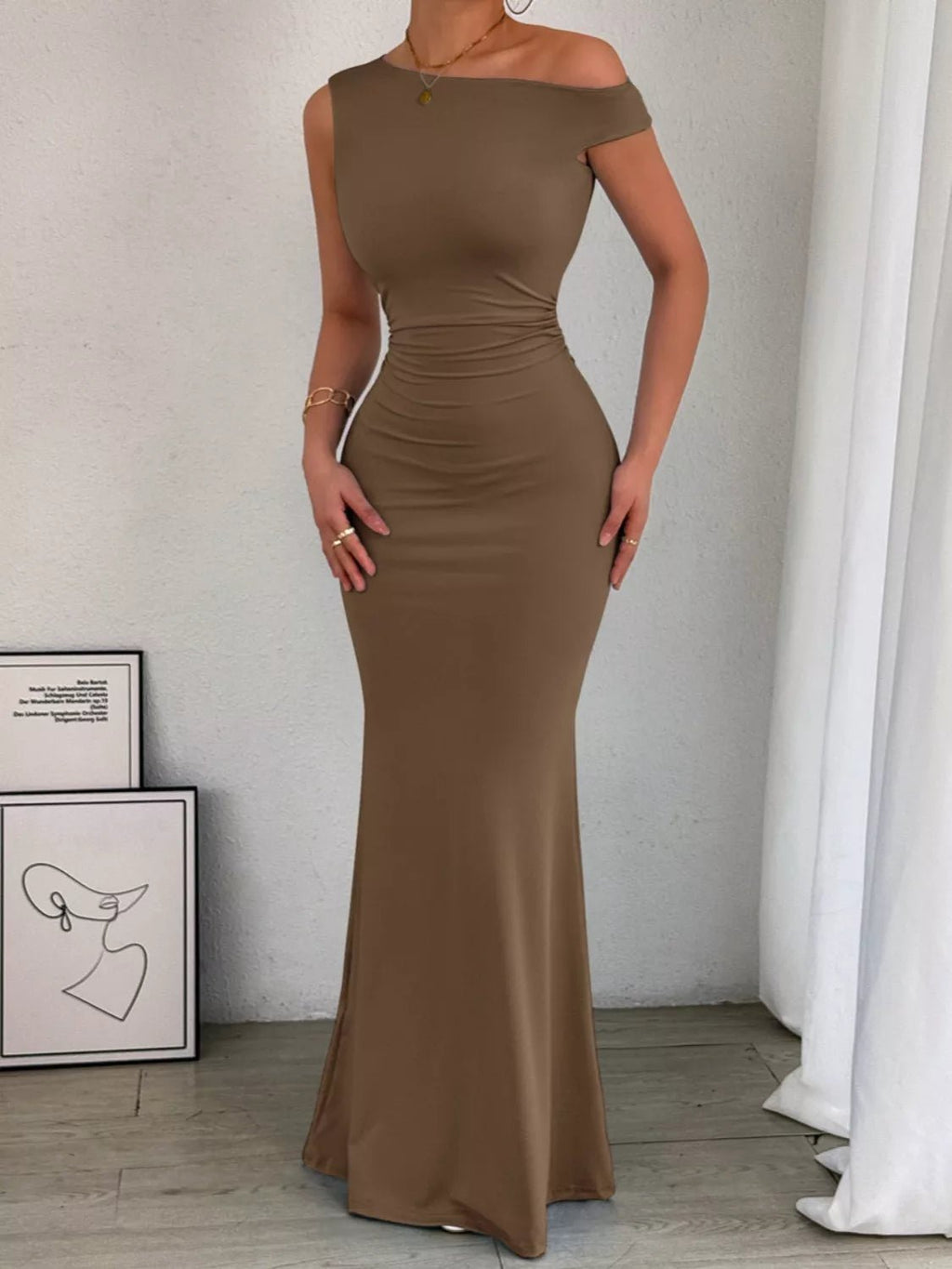 One - Shoulder Ruched Bodycon Maxi Dress