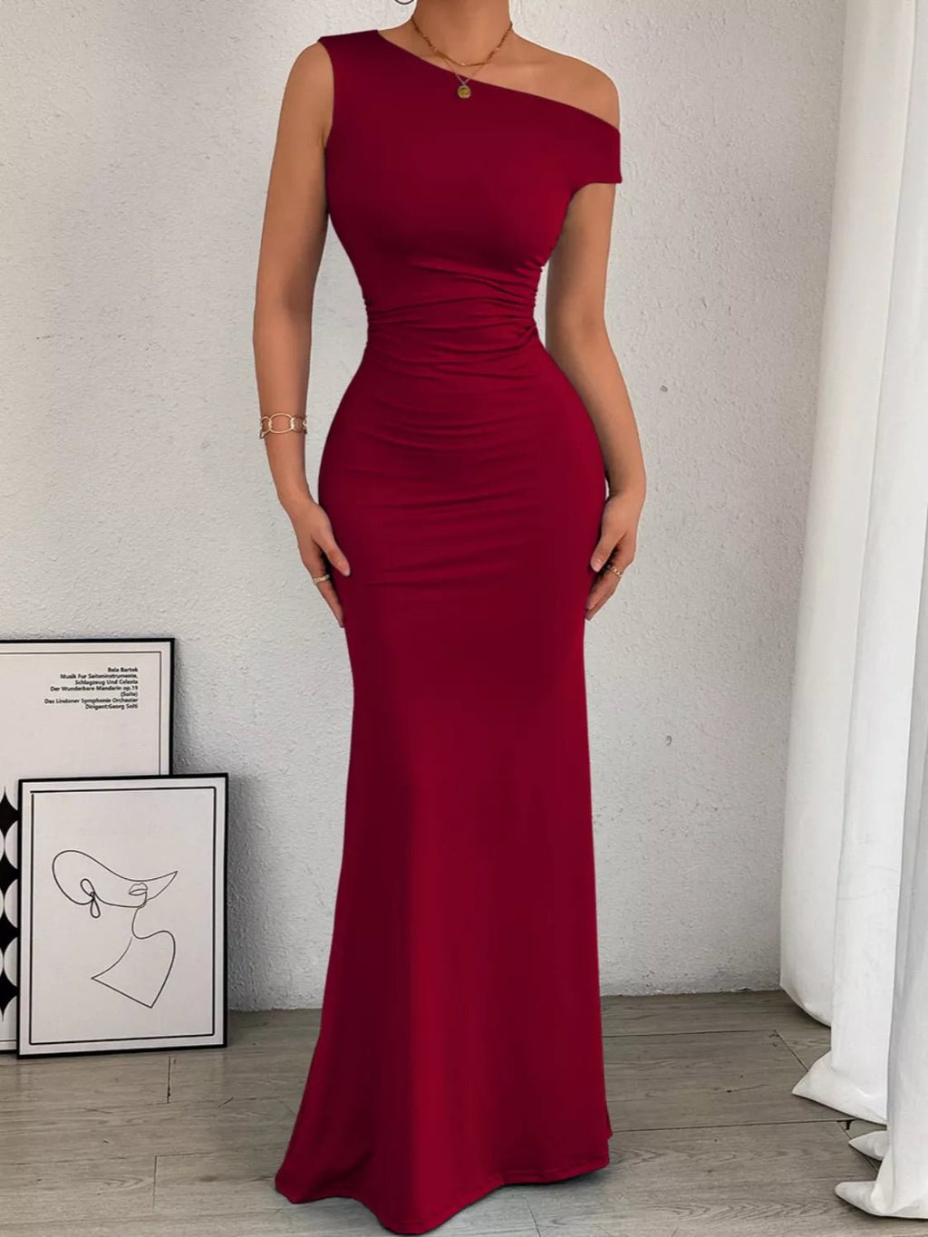 One - Shoulder Ruched Bodycon Maxi Dress