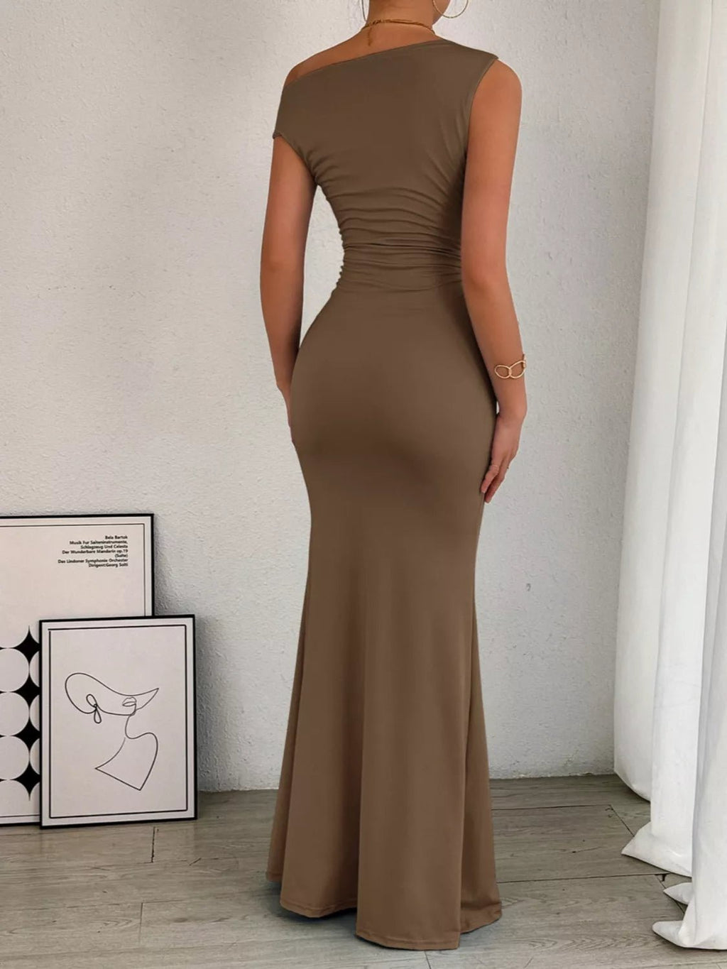 One - Shoulder Ruched Bodycon Maxi Dress