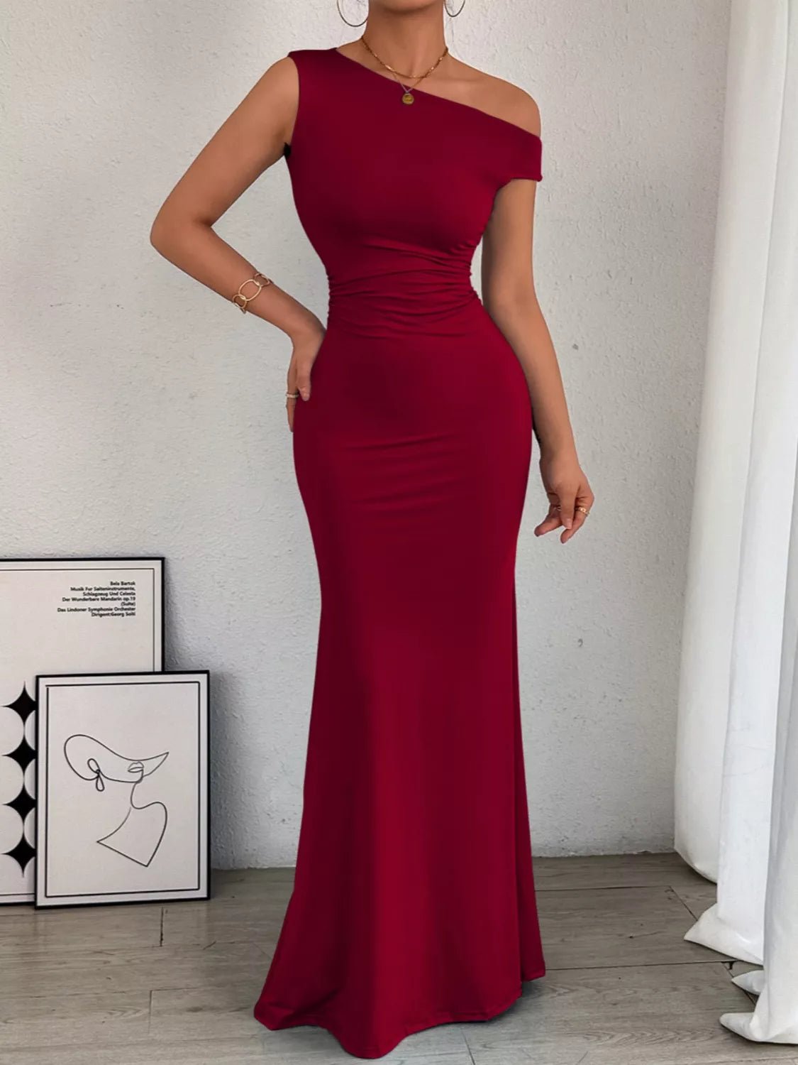 One - Shoulder Ruched Bodycon Maxi Dress