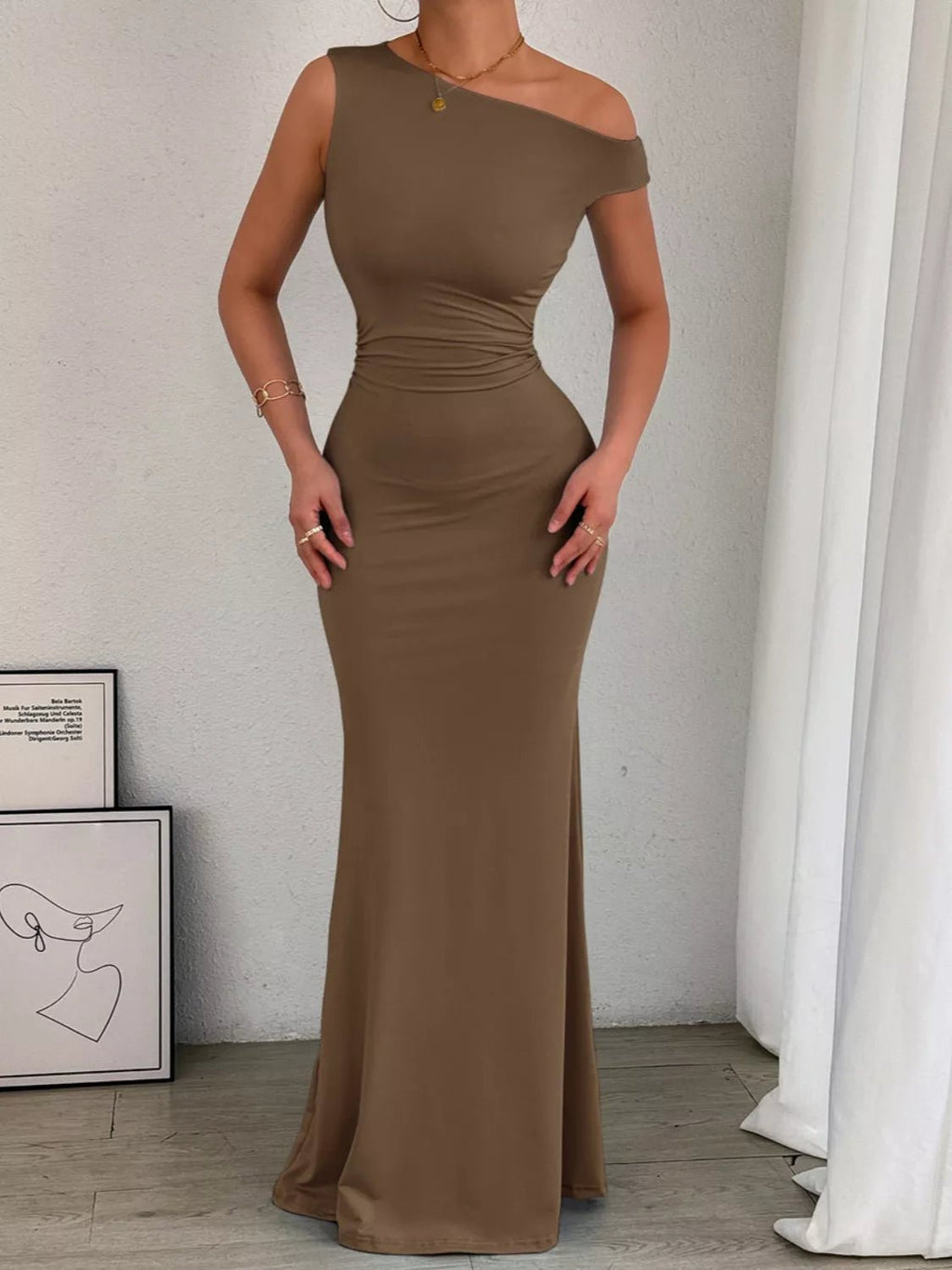 One - Shoulder Ruched Bodycon Maxi Dress