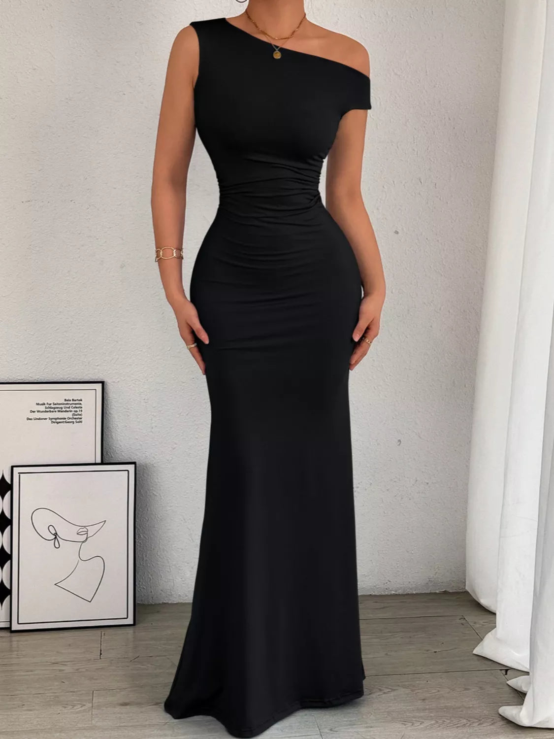 One-Shoulder Ruched Bodycon Maxi Dress.