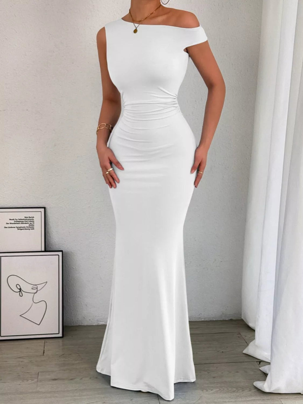 One-Shoulder Ruched Bodycon Maxi Dress.