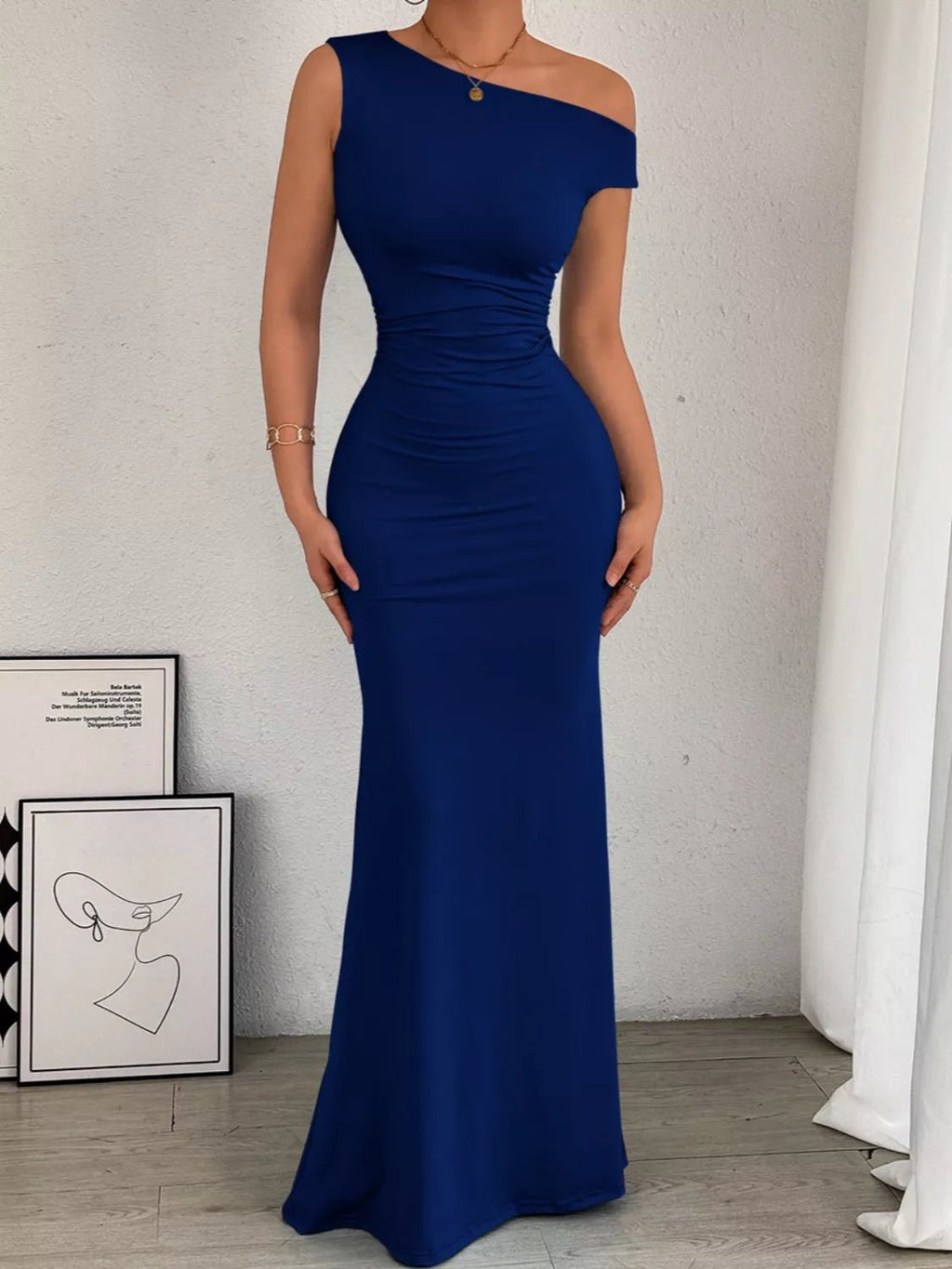 One-Shoulder Ruched Bodycon Maxi Dress.