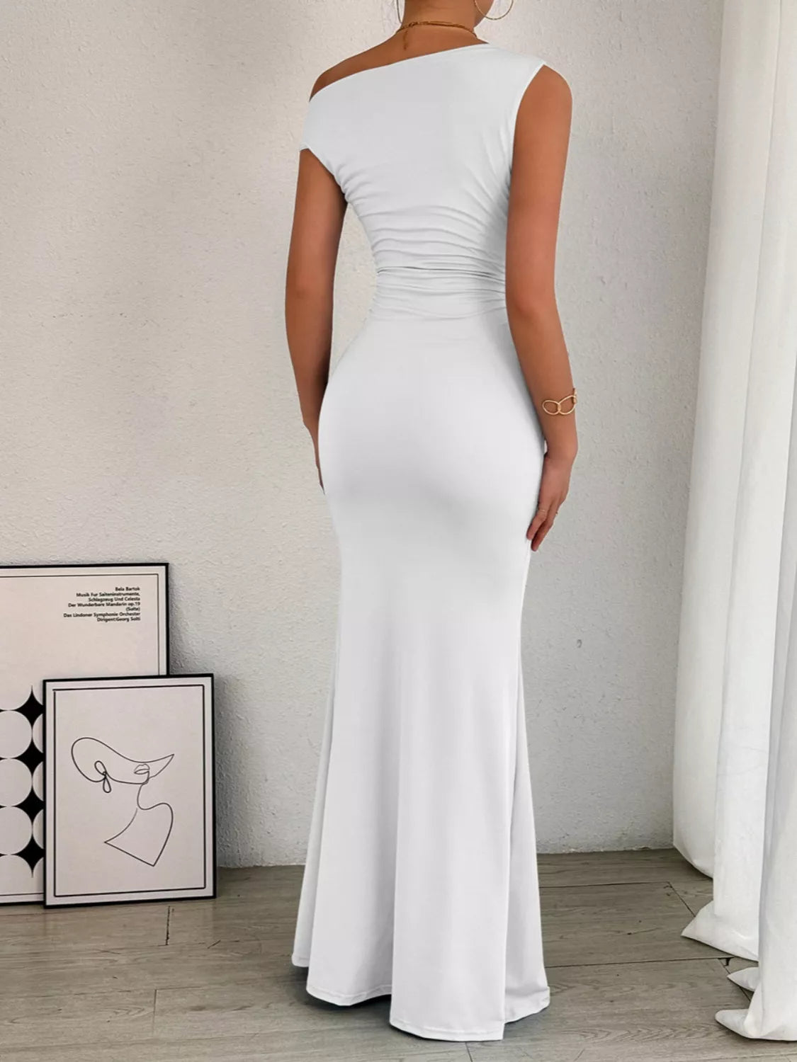 One-Shoulder Ruched Bodycon Maxi Dress.
