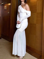 One-Shoulder Ruched Mesh Maxi Dress.