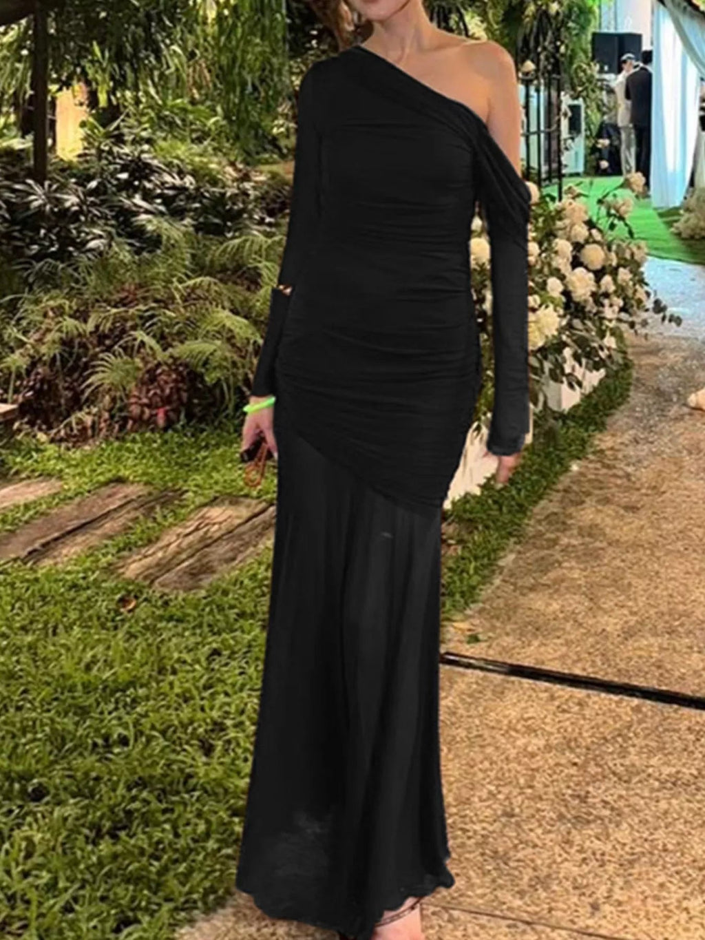 One-Shoulder Ruched Mesh Maxi Dress.