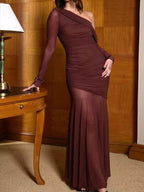 One-Shoulder Ruched Mesh Maxi Dress.