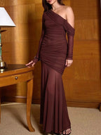 One-Shoulder Ruched Mesh Maxi Dress.