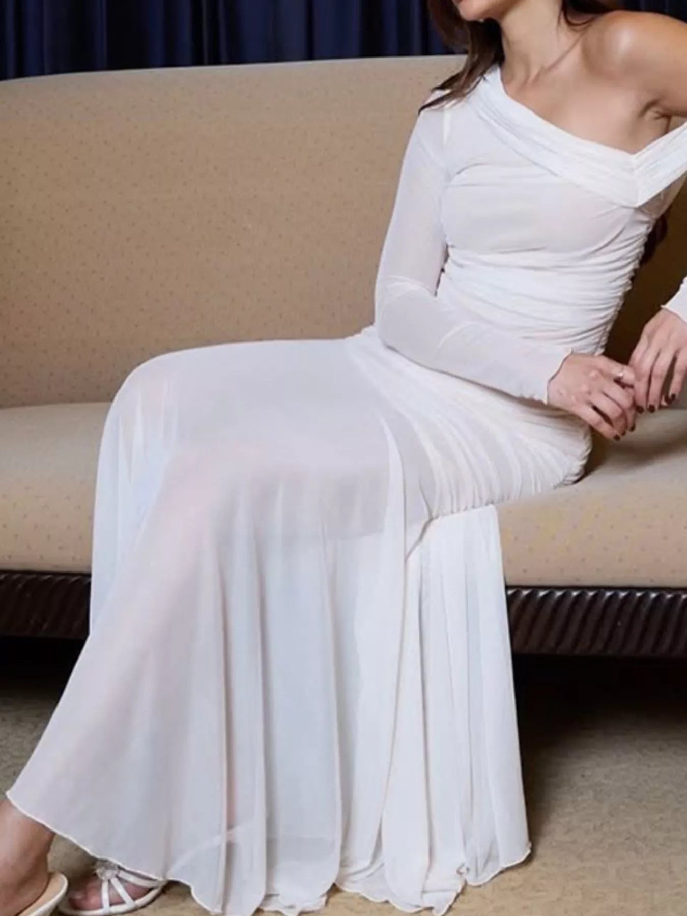 One-Shoulder Ruched Mesh Maxi Dress.