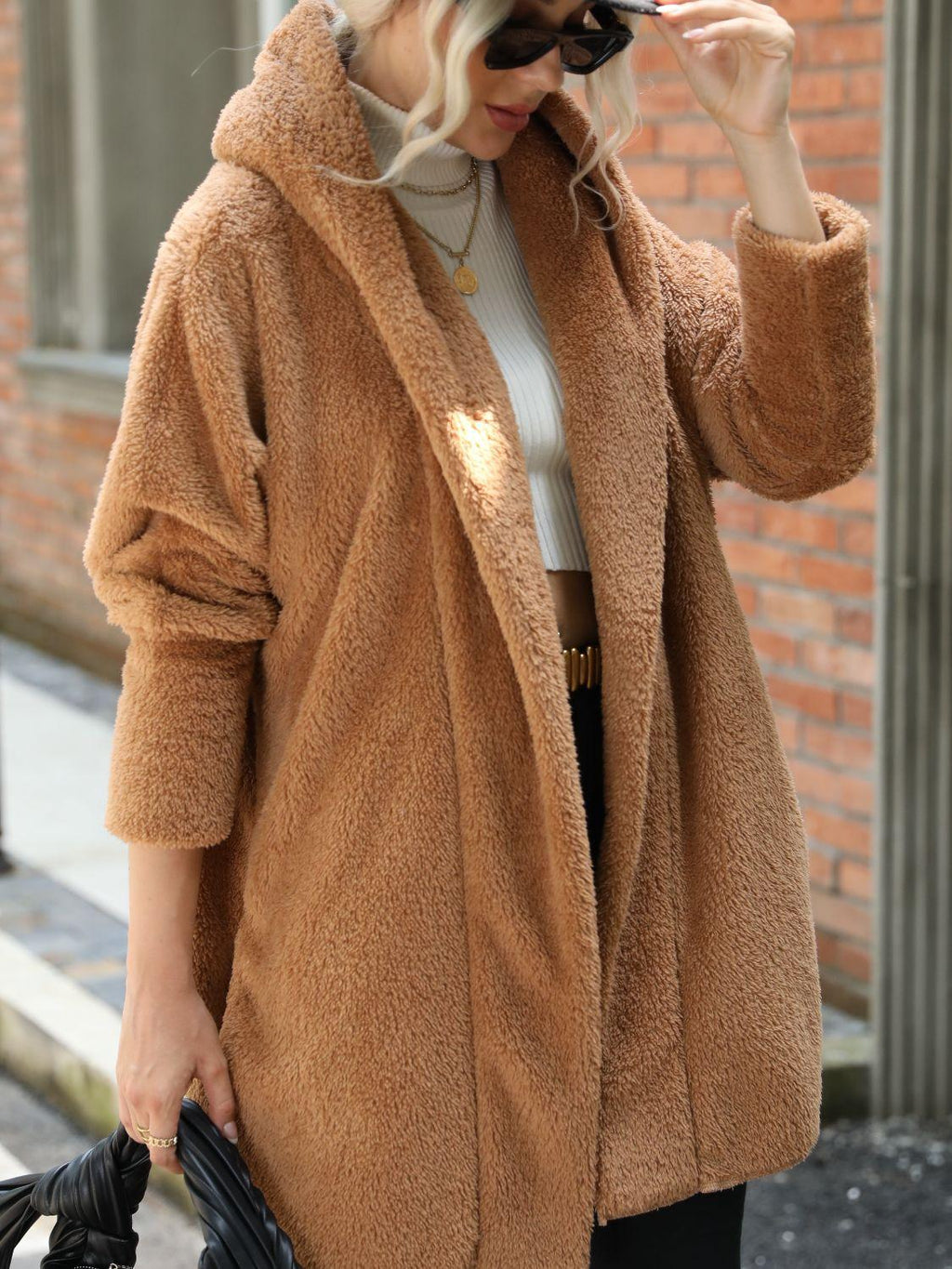 Open Front Hooded Teddy Coat.