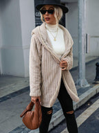 Open Front Ribbed Hooded Coat.