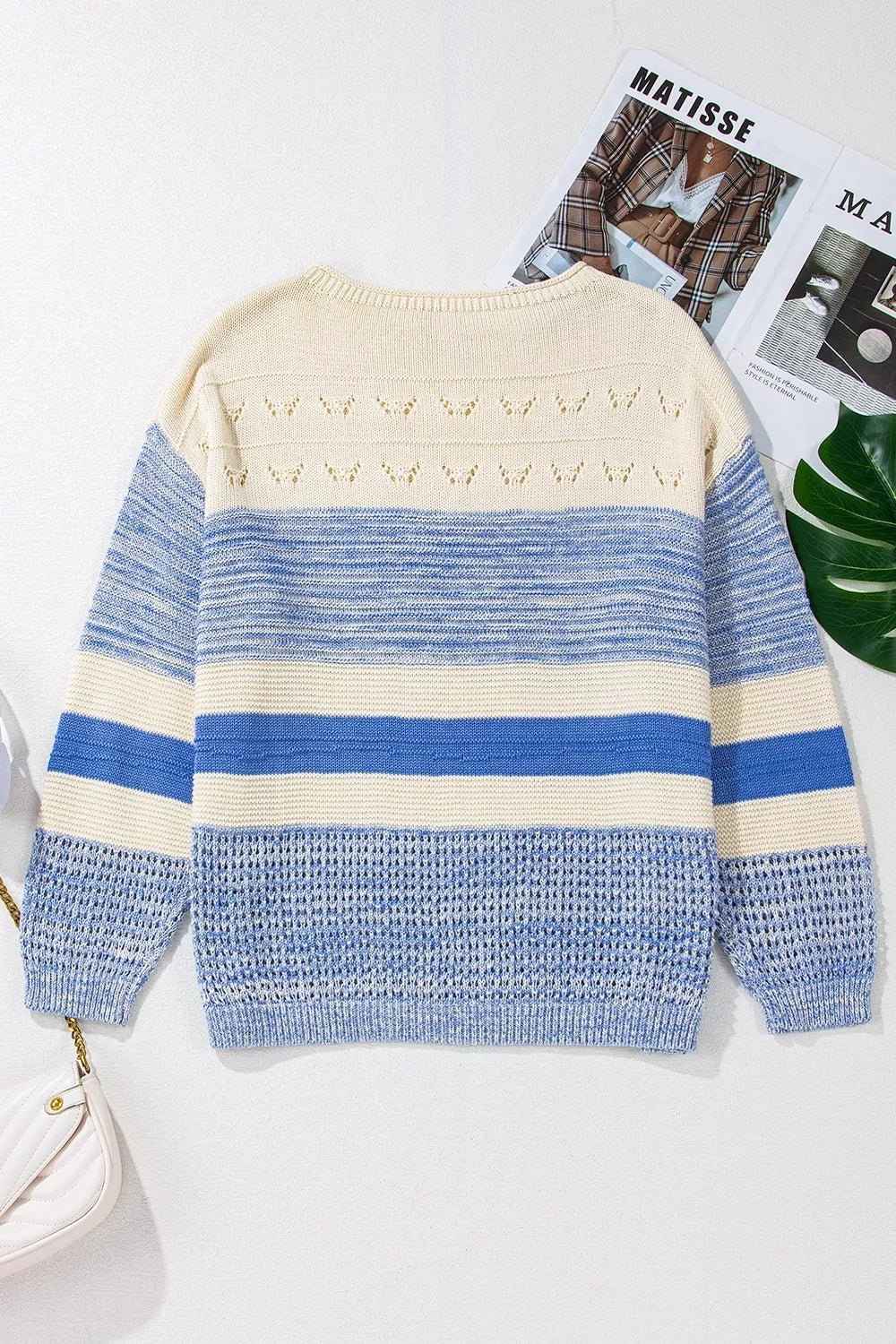 Openwork Striped Knit Long Sleeve Sweater.