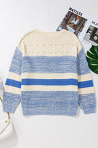 Openwork Striped Knit Long Sleeve Sweater.
