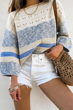 Openwork Striped Knit Long Sleeve Sweater.