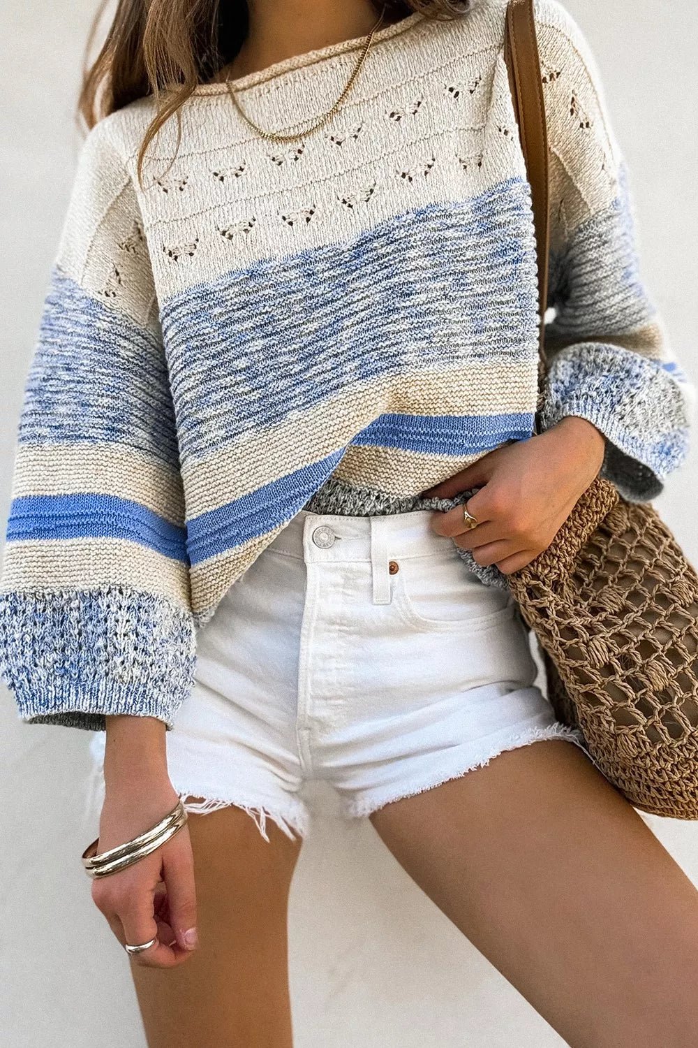 Openwork Striped Knit Long Sleeve Sweater.