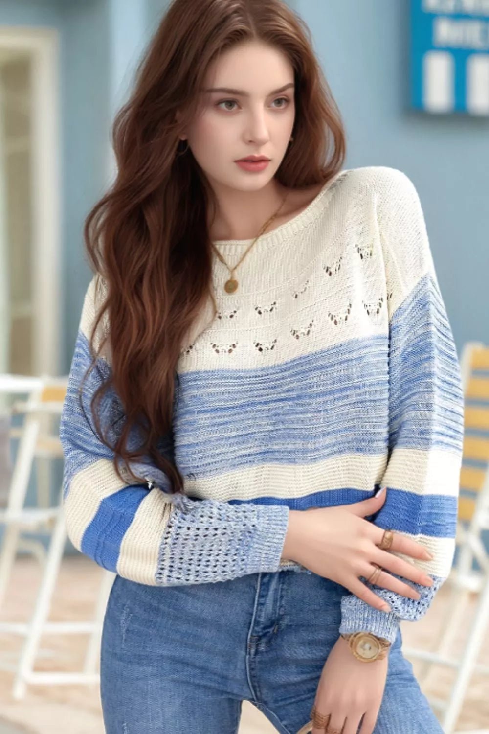 Openwork Striped Knit Long Sleeve Sweater.
