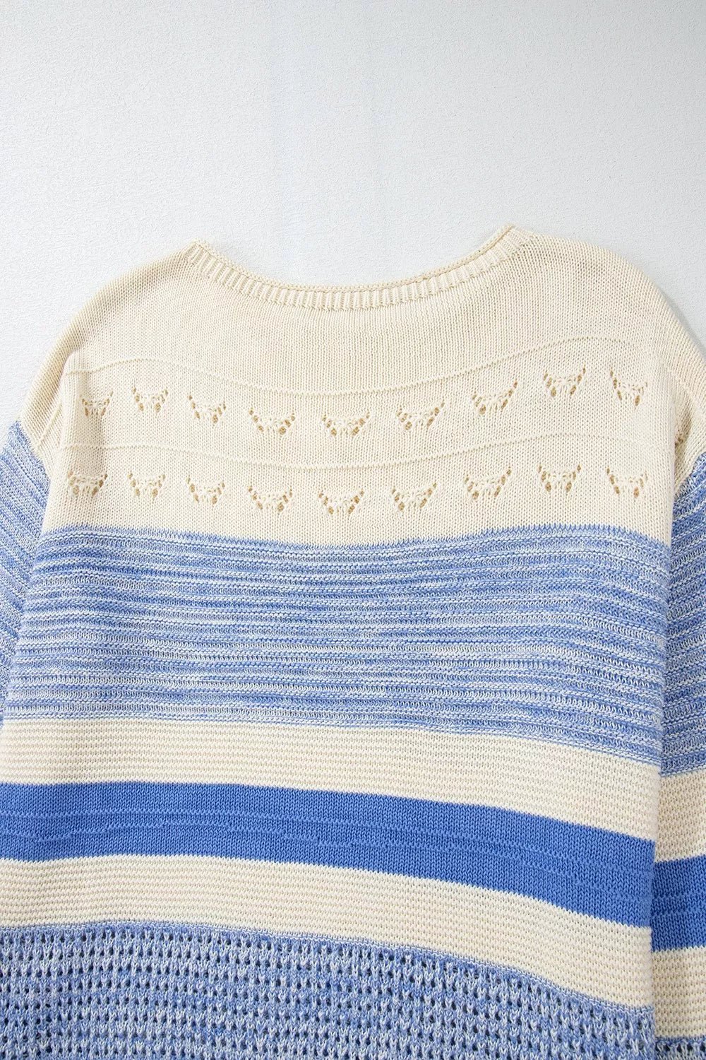 Openwork Striped Knit Long Sleeve Sweater.