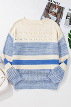 Openwork Striped Knit Long Sleeve Sweater.