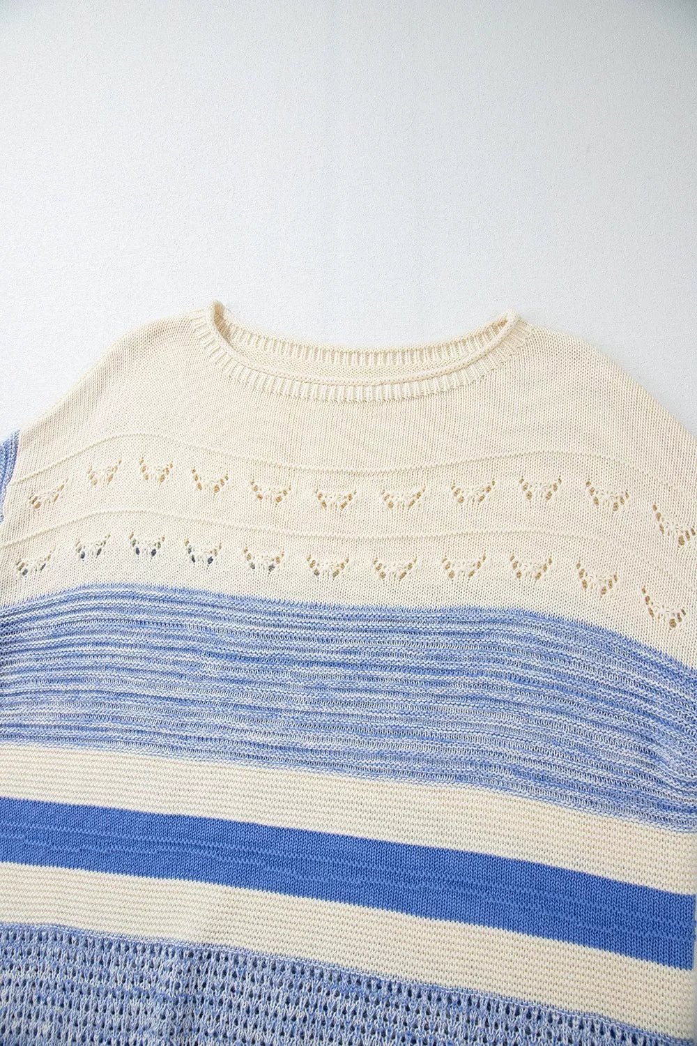 Openwork Striped Knit Long Sleeve Sweater.