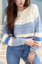 Openwork Striped Knit Long Sleeve Sweater.