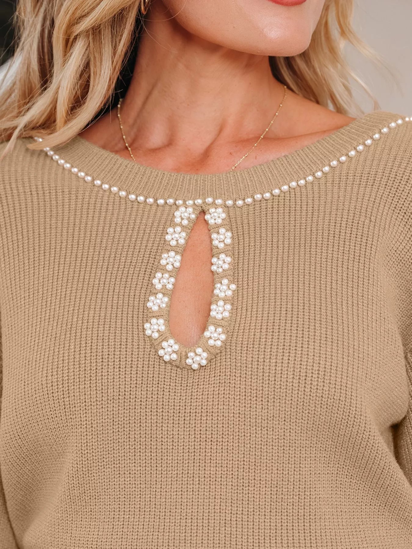 Pearl Embellished Keyhole Ribbed Sweater Dress.
