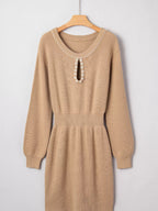 Pearl Embellished Keyhole Ribbed Sweater Dress.