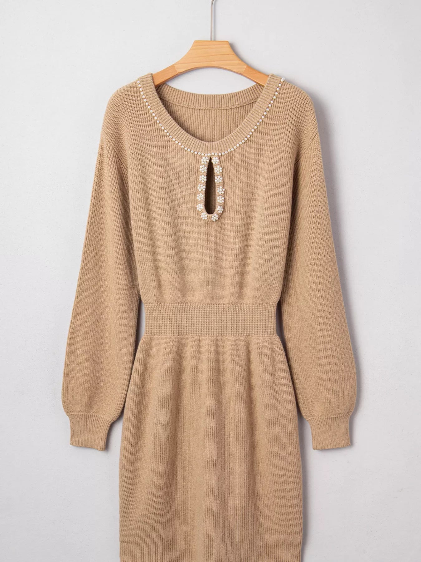 Pearl Embellished Keyhole Ribbed Sweater Dress.