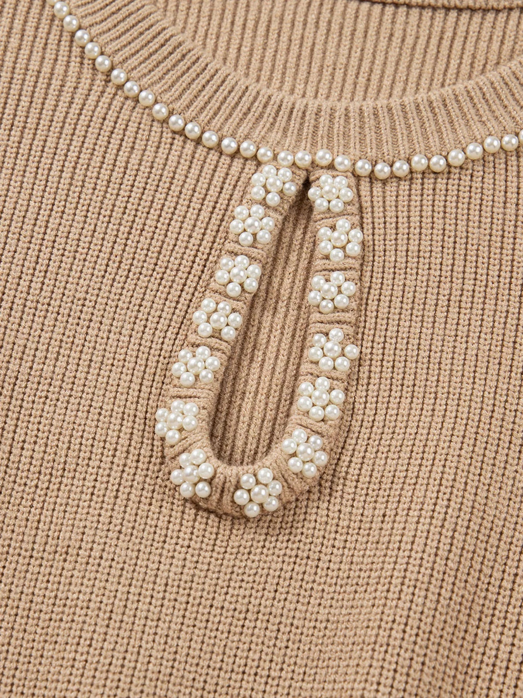 Pearl Embellished Keyhole Ribbed Sweater Dress.