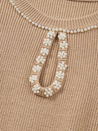 Pearl Embellished Keyhole Ribbed Sweater Dress.