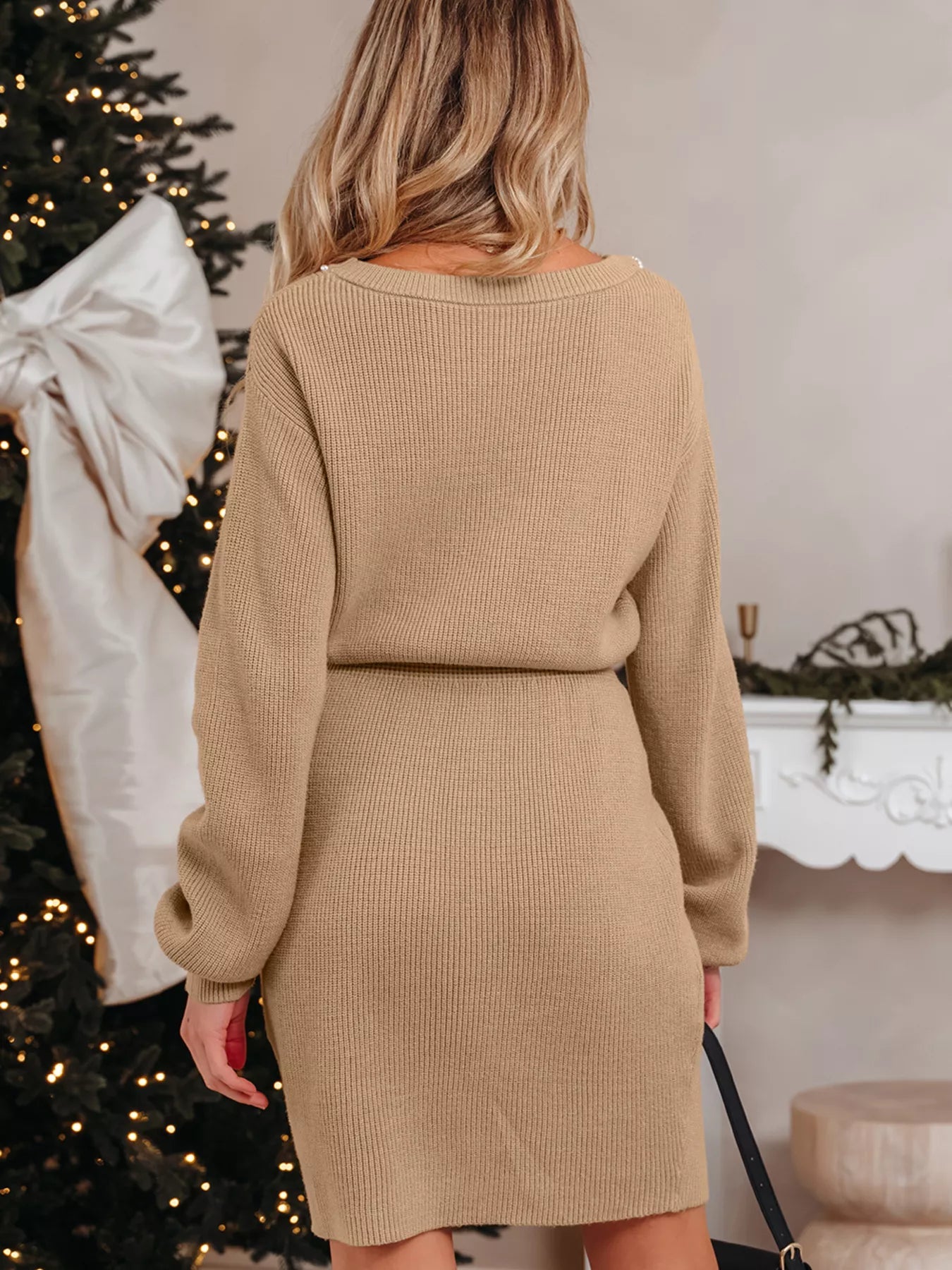 Pearl Embellished Keyhole Ribbed Sweater Dress.